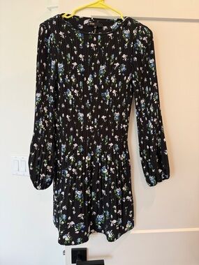 Maje Black Floral Long Sleeve Pleated Mini Dress